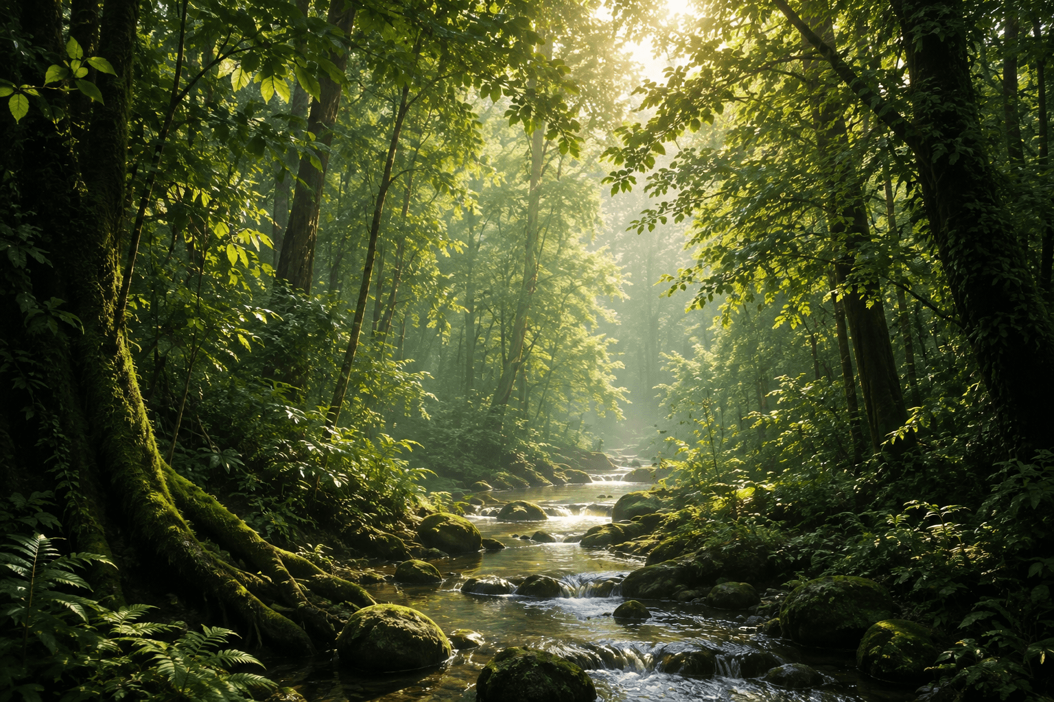 Trilha entre árvores e um riacho na floresta Reflorescer